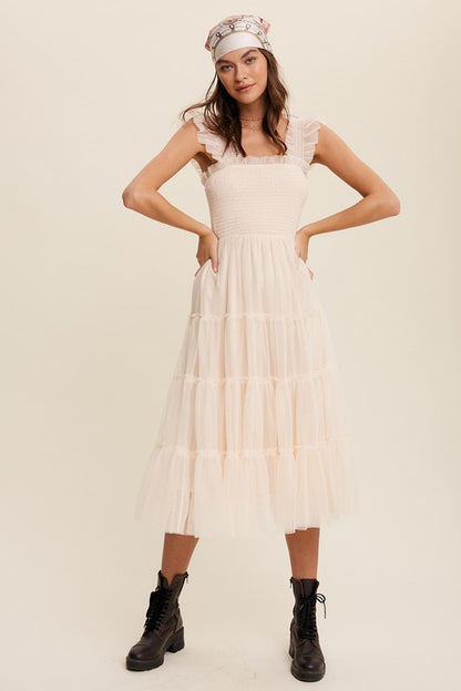 Smocked Ruffle Tiered Mesh Midi Maxi Dress