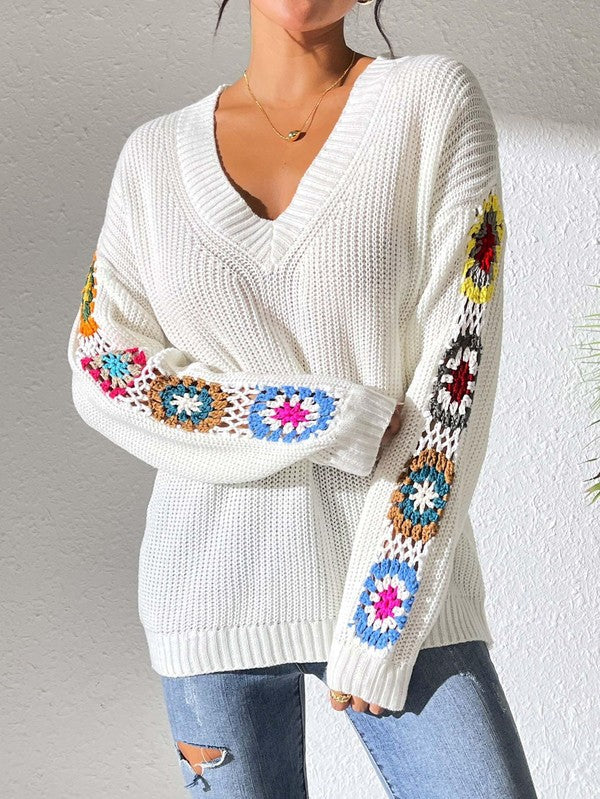 V neck crochet sleeve sweater