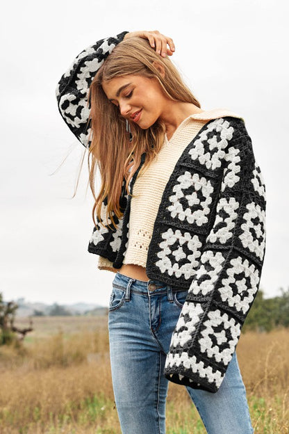 Two-Tone Floral Square Crochet Open Knit Cardigan