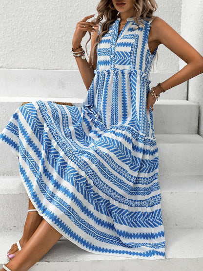 Perfee Frill Printed Notched Sleeveless Dress