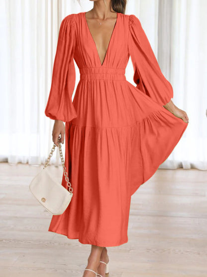 Deep V-Neck Balloon Sleeve Plain Maxi Dress