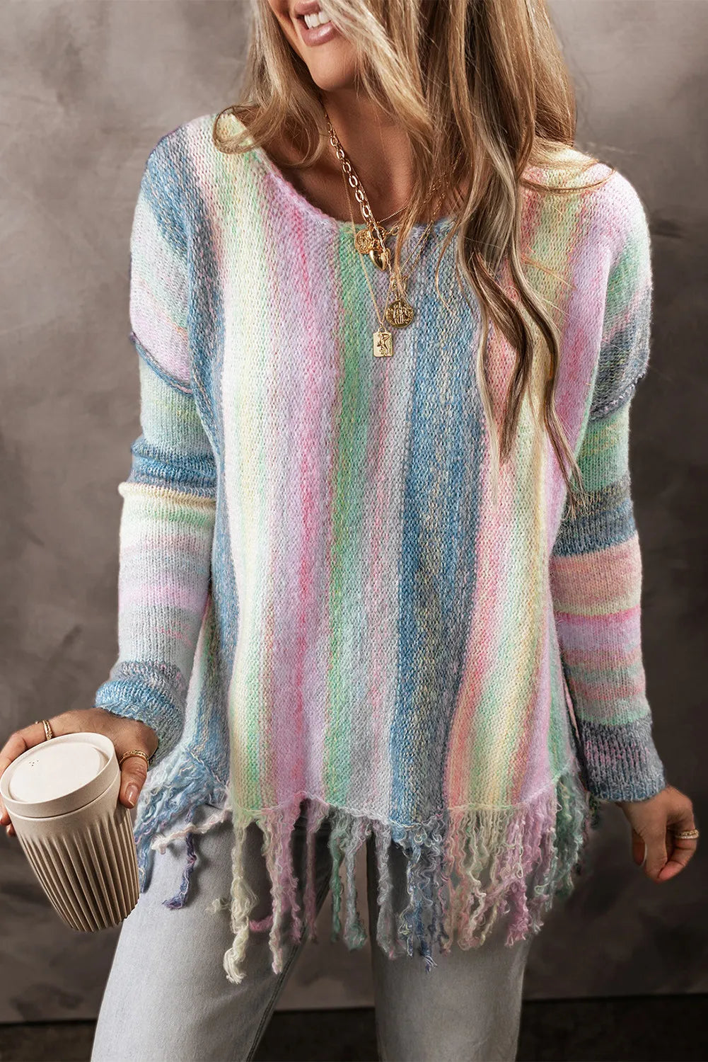 Fringe Color Block Round Neck Sweater